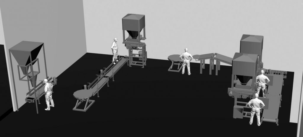 3D render showing layout of limestone and pigment powder bagging system