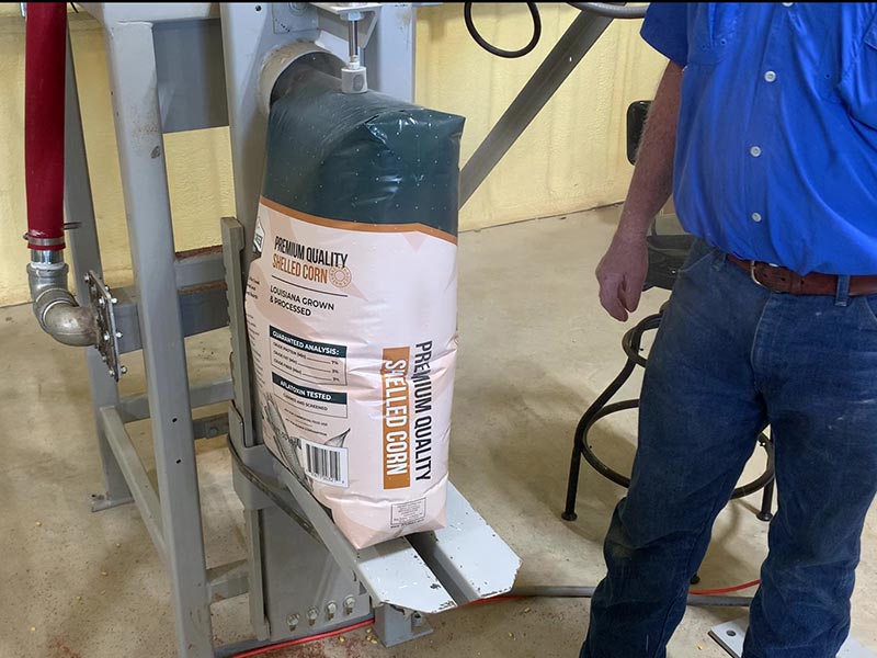 Bagger filling 50 lb. valve bag with shelled corn