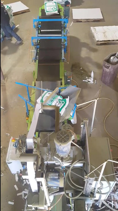 top down view of feed bagging system showing conveyors and palletizing