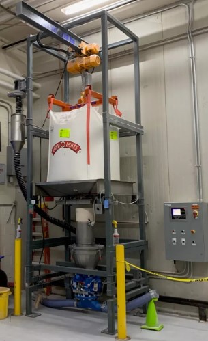 bulk tote bag unloader with hoist and trolley