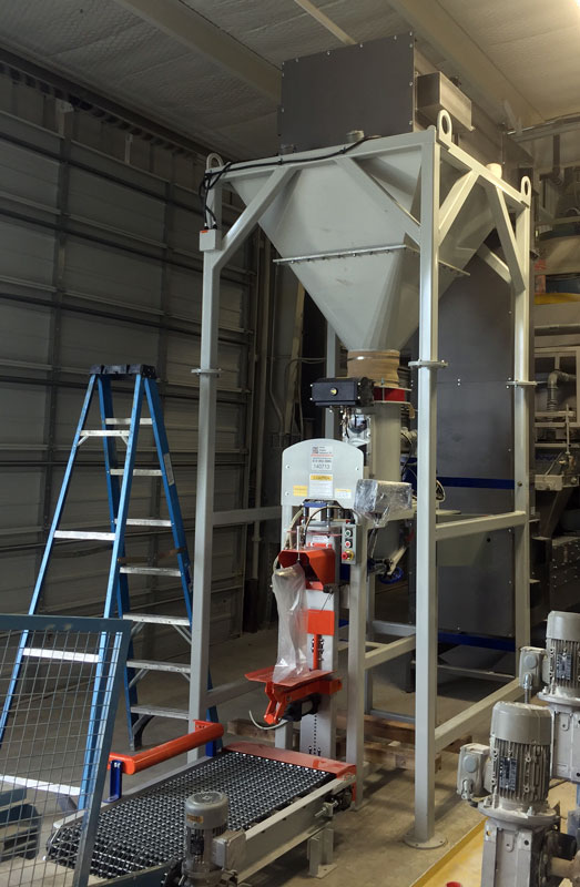 system for filling 50 lb batch inclusion bags with pigment powder - front view