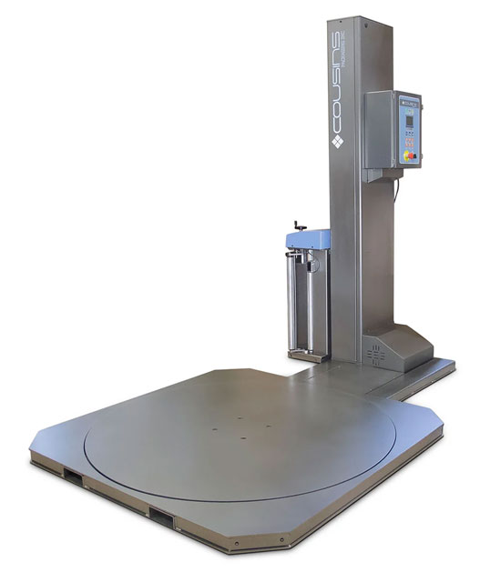 semi automatic stretch wrap machine turntable low profile fork lift pallet jack loaded