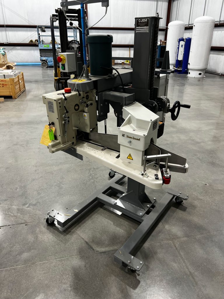 Custom bag sewing system with Newlong DS-9C and Union Special Power Infeed for use with Auto Bag Top Reformer