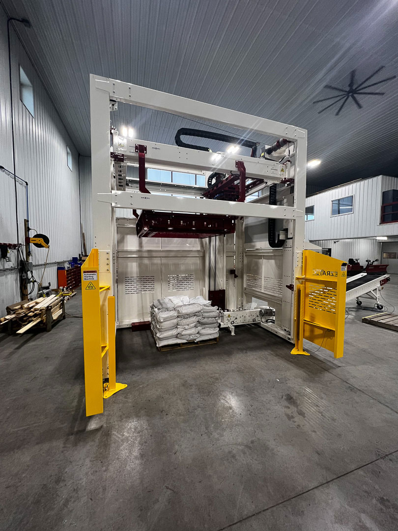 entry level gantry pallettizer system for bags of rock and aggregate