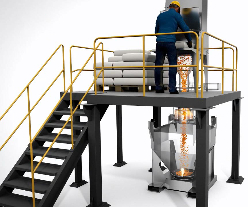 IBC container under 50 lb bag dump station