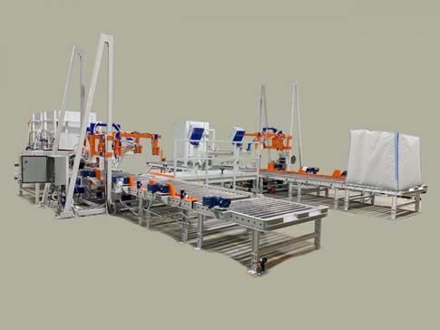 dual bulk bag filling machines with auto pallet dispenser for robotic fork lifts