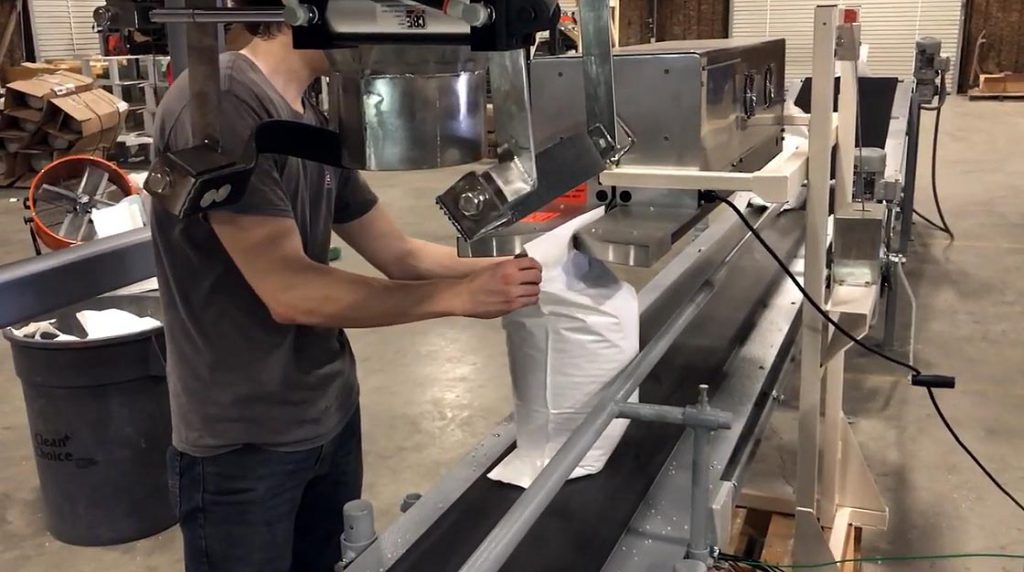 bagging pool salt into 40 pound open top poly bags