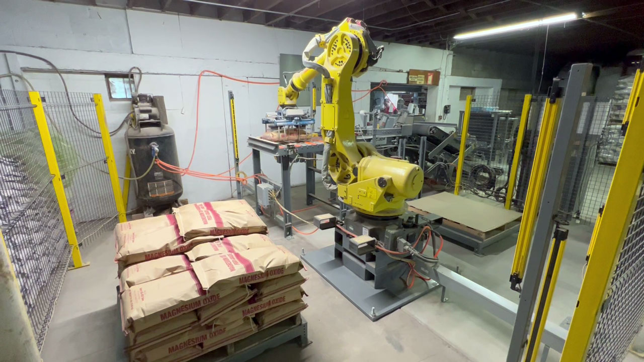 palletizing robot picking up a bag from conveyor