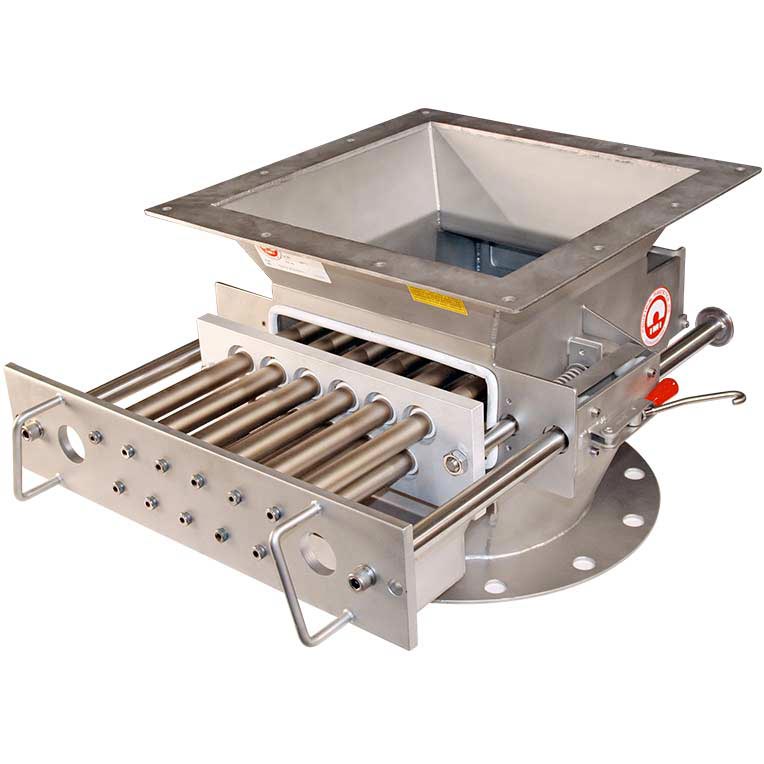 continuous self cleaning grate and pipe magnets in housing