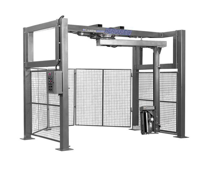 automatic stretch wrap machine rotary arm fork lift pallet jack loaded 4 posts with safety fencing