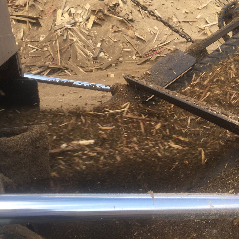 close up of shredded ground up wooden shipping pallets on conveyor belt