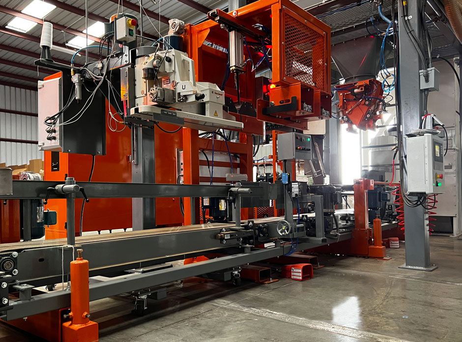 High-speed bag closer system automatically closes 50 lb. open mouth bags